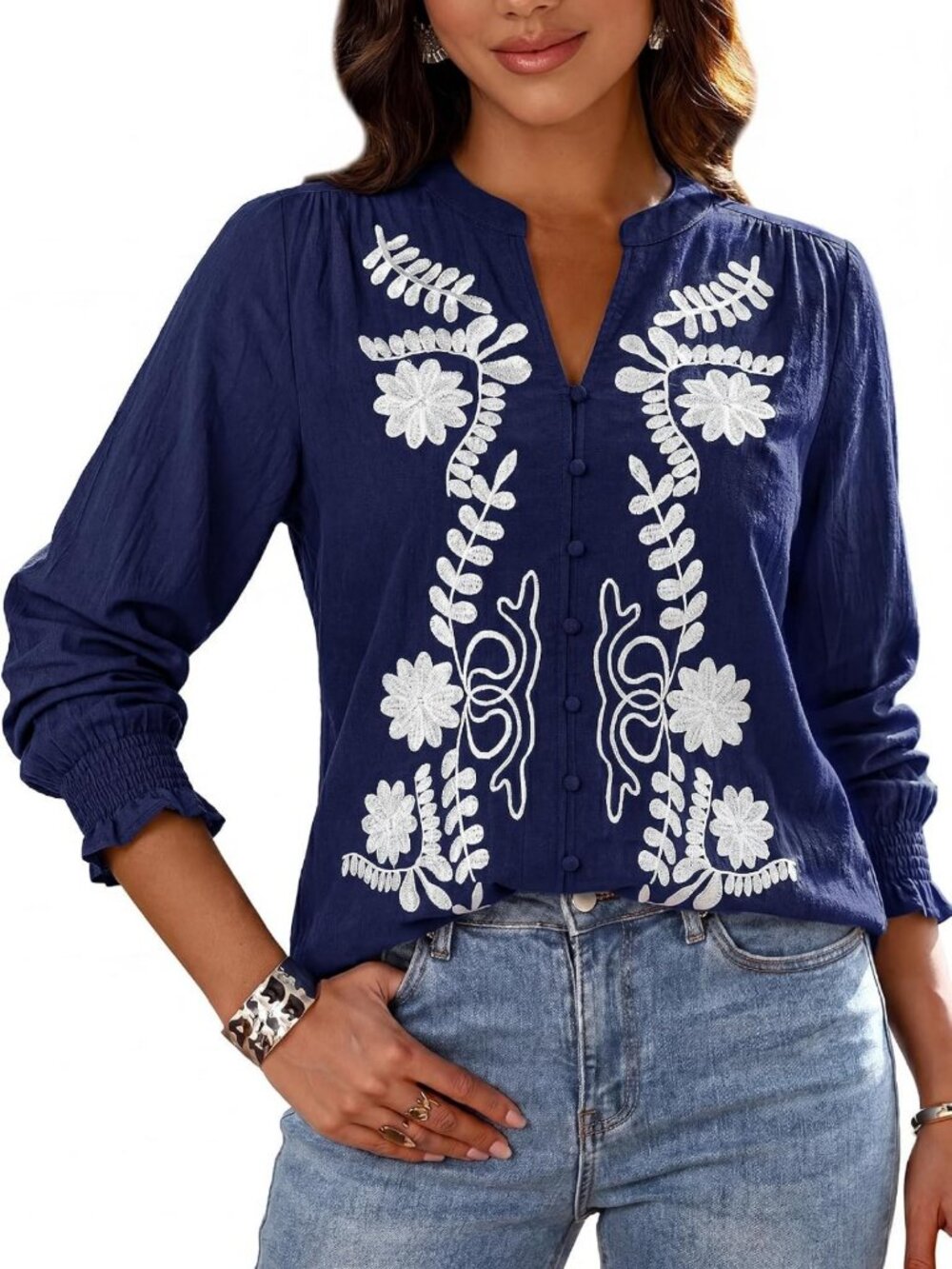 Floral Boho Embroidered Blouse - Women's Dressy Casual Fall Top 2026